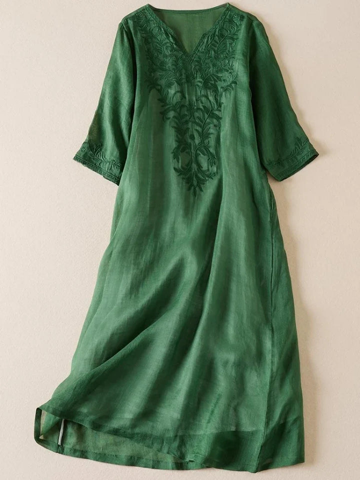 Robe midi imprimée en lin à col en V pour femme