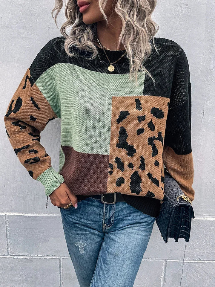 Women’s Leopard-Patchwork Crew-Neck Knit Sweater