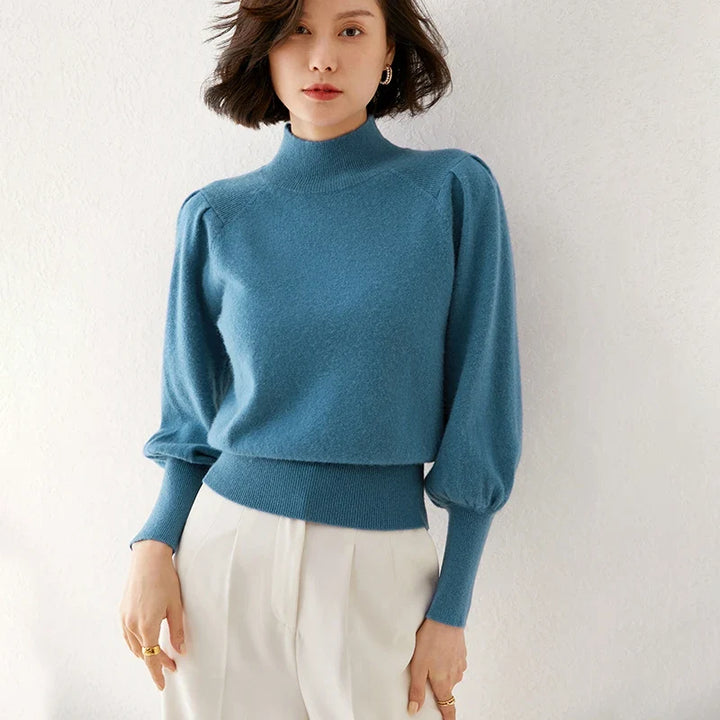 Women's Merino Wool Mock Neck Long Sleeve Knit Pullover Jumper