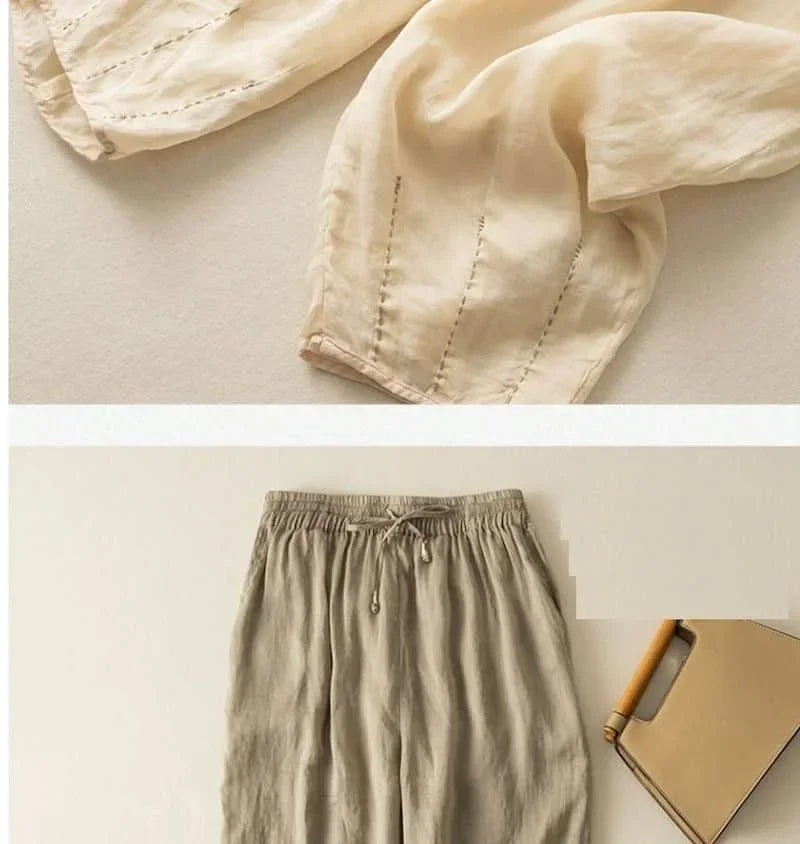 Pantalon en lin pour femme, coupe ample, jambe large, avec cordon de serrage