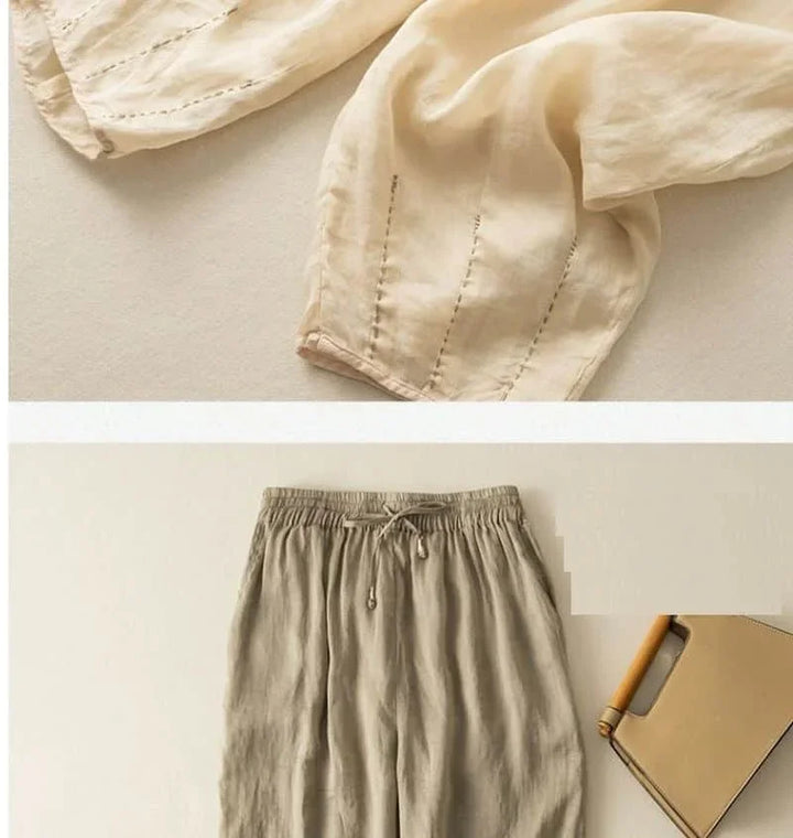 Pantalon en lin pour femme, coupe ample, jambe large, avec cordon de serrage