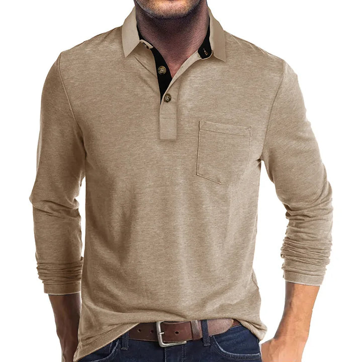 Men's Knit Long Sleeve Polo Shirt Pullover Top