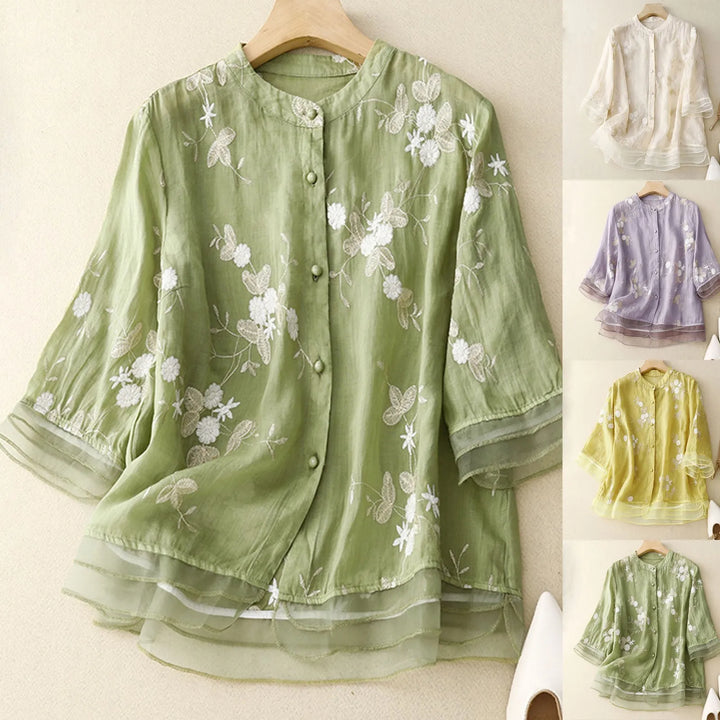 Women's Floral Embroidered Linen Blend Blouse Shirt Top