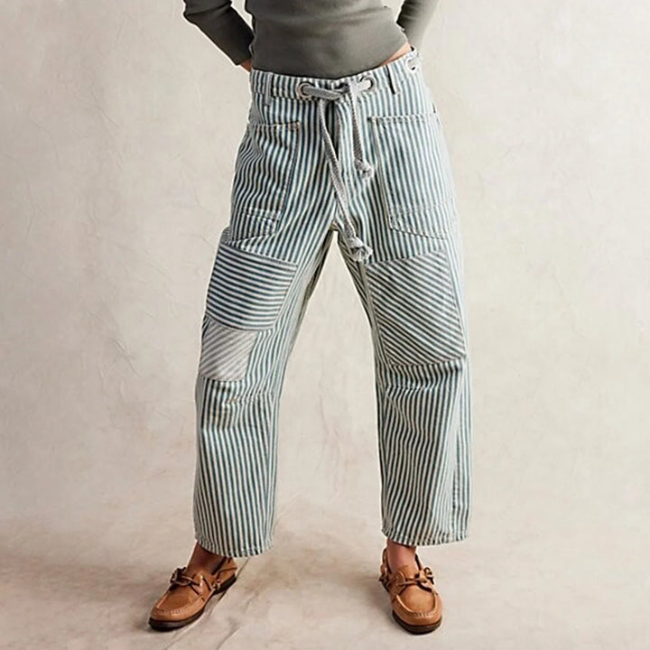 Dámské pruhované lněné kalhoty se stahovací šňůrkou, volné ležérní kalhoty