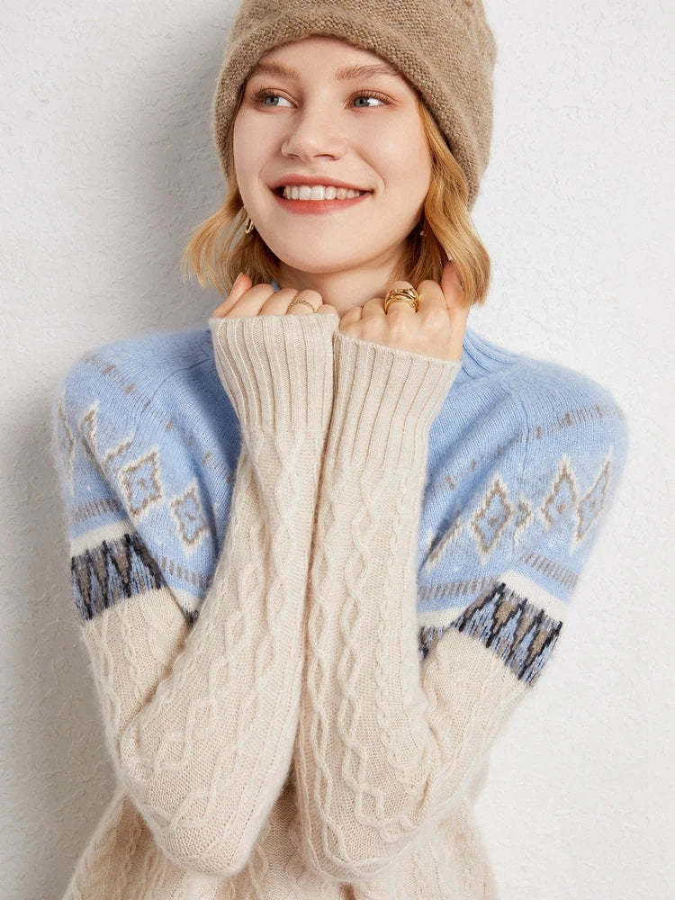 Women's Wool Knit Mock Neck Fair Isle Sweater