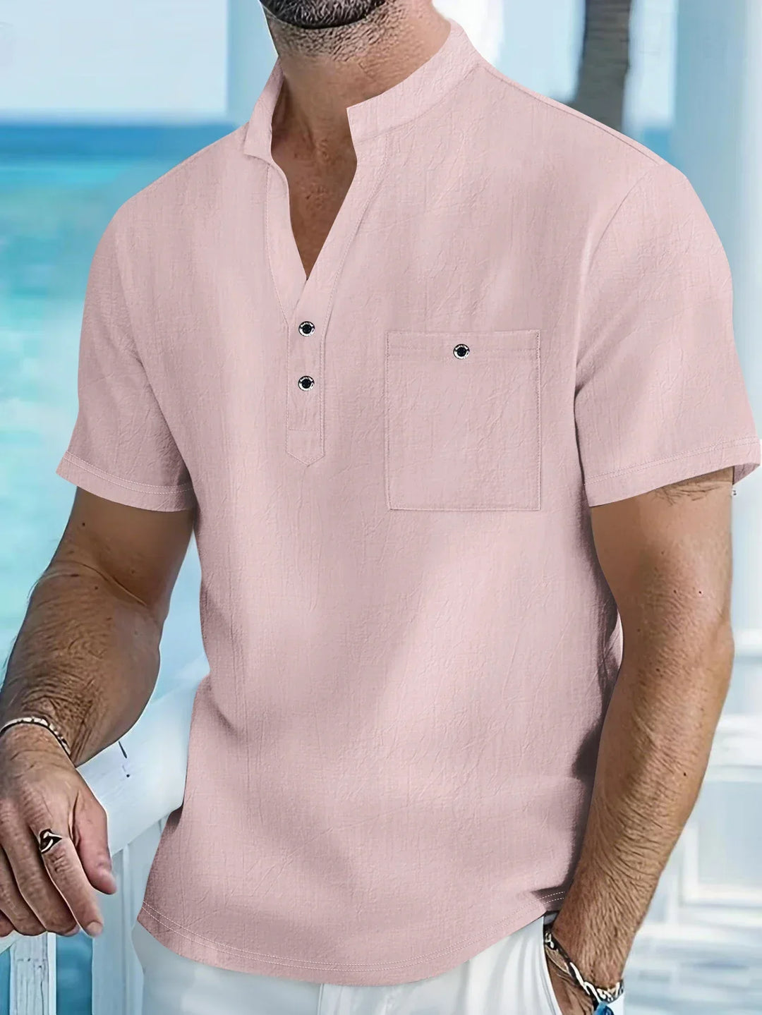 Men's Linen Henley Shirt Short Sleeve Casual Beach Top