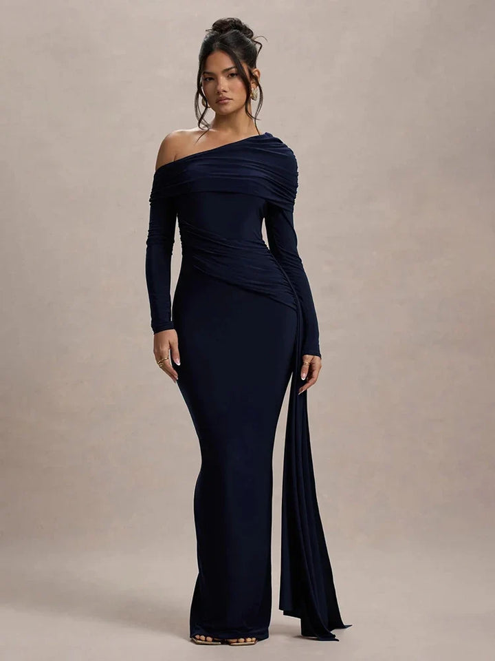 Women Knit Blend Off Shoulder Ruched Asymmetric Evening Maxi Dress