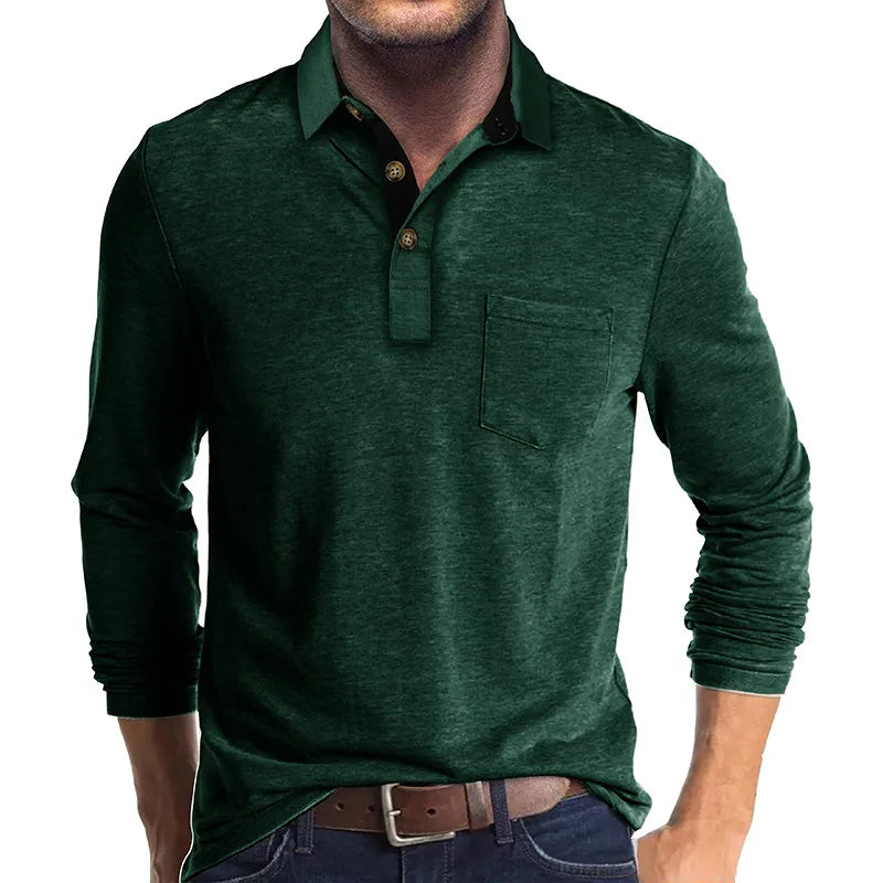 Men's Knit Long Sleeve Polo Shirt Pullover Top