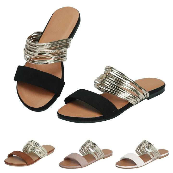Leather Sandals Women Strapped Flat Open Toe Slides Slip On Shoes