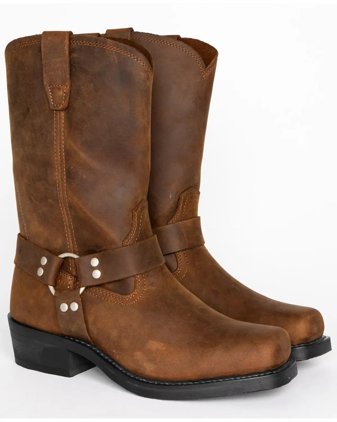 Men's Leather Harness Boots Mid Calf Motorcycle Biker Shoes
