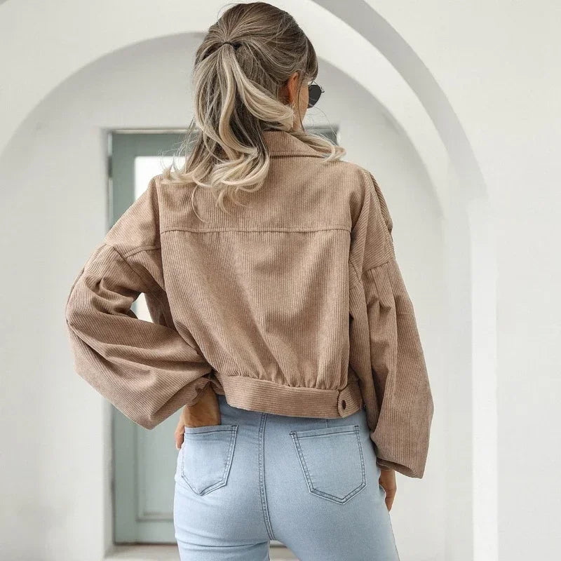 Corduroy Jacket for Women Cropped Bomber Casual Coat