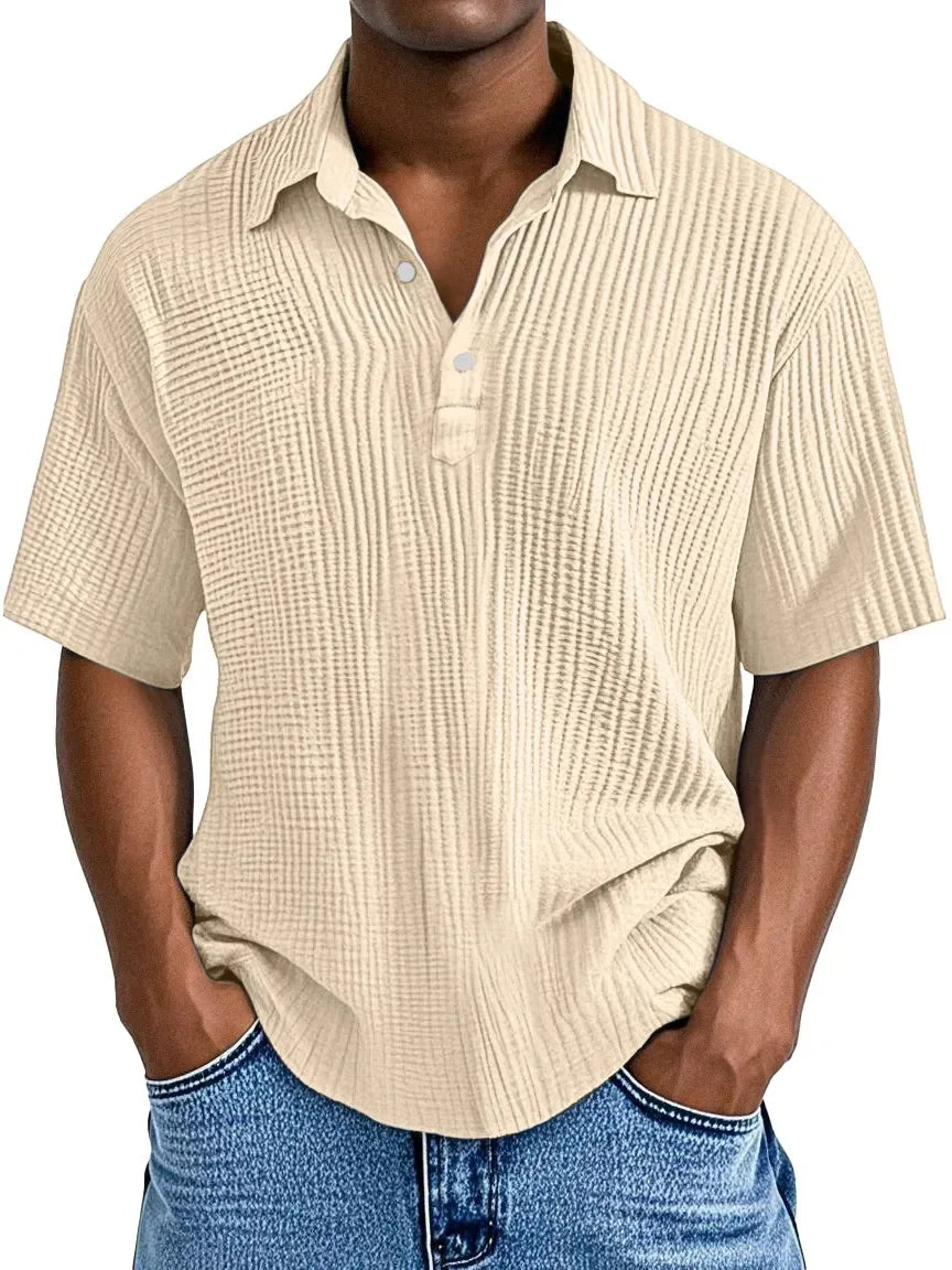Men's Ribbed Knit Polo Shirt Short Sleeve Casual Top