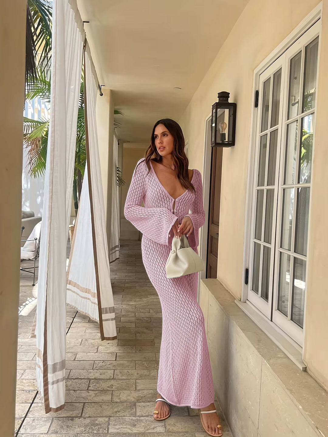 Women’s Knit Crochet Flare Sleeve Maxi Dress Beach Cover Up