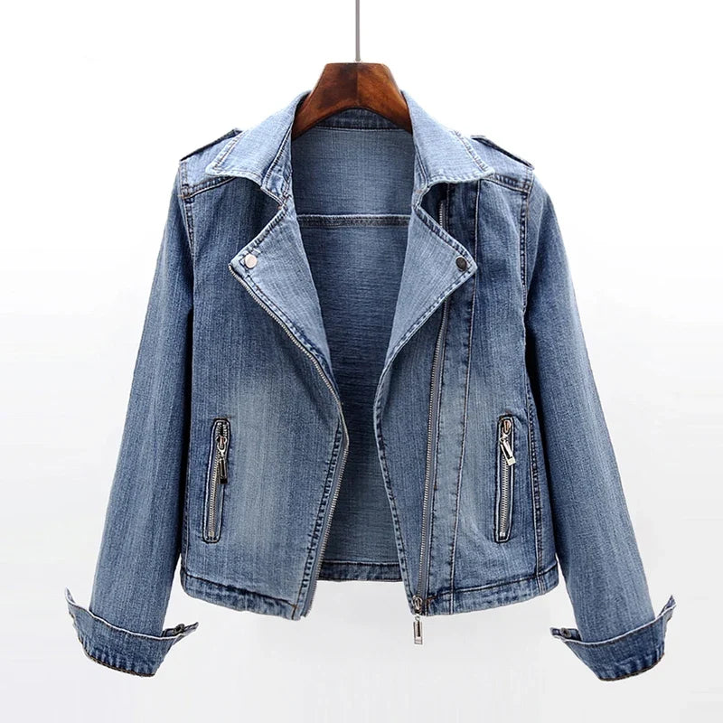 Veste de motard en jean pour femme, manteau en jean style moto, coupe ajustée, vêtement d'extérieur