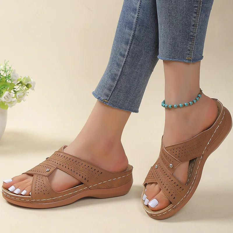 Women's Leather Perforated Crisscross Strap Sandals