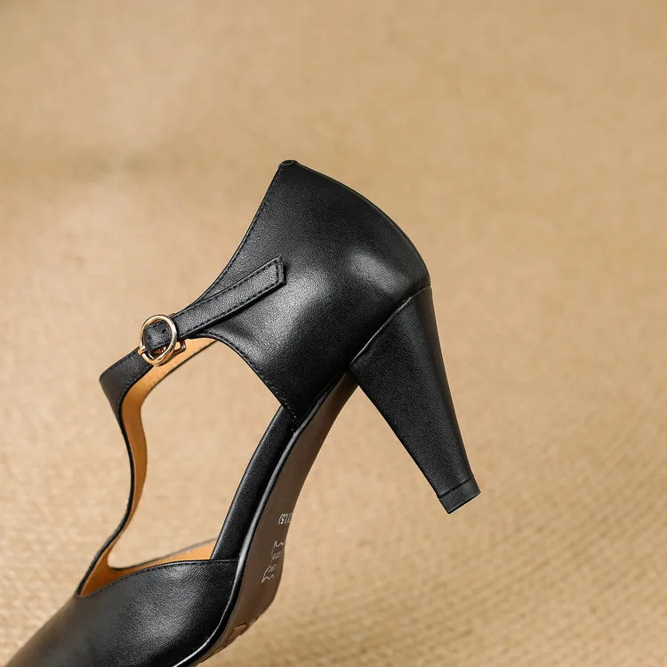 Women's Leather T-Strap High Heels Pointed Toe Pumps Shoes