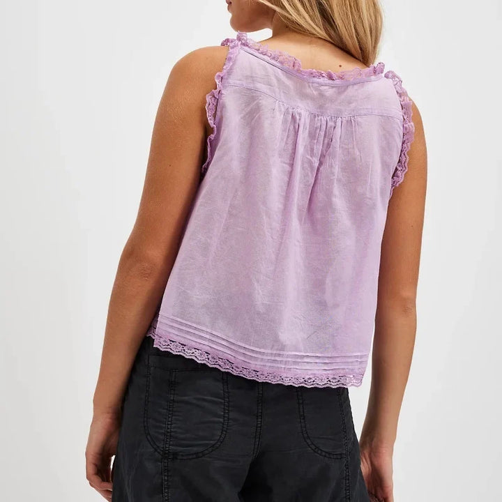 Women's Linen Blend Sleeveless Lace Tank Top Cami Blouse