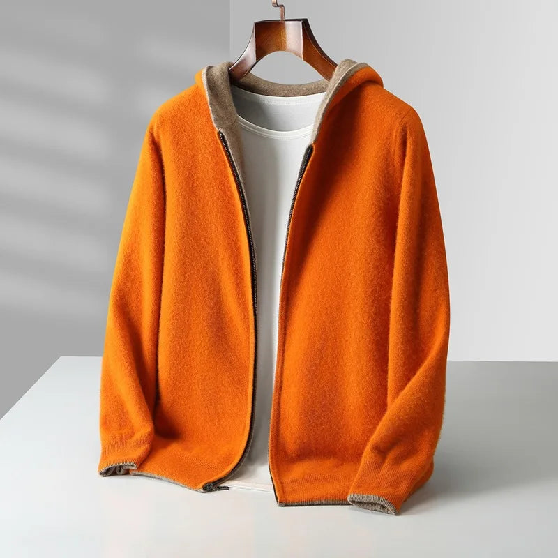 Veste-sweat à capuche zippée en maille de laine réversible pour homme