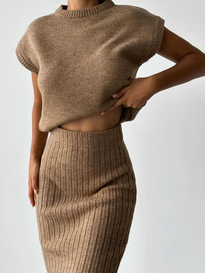 Women Knit Midi Skirt and Short Sleeve Top Two- Piece Set