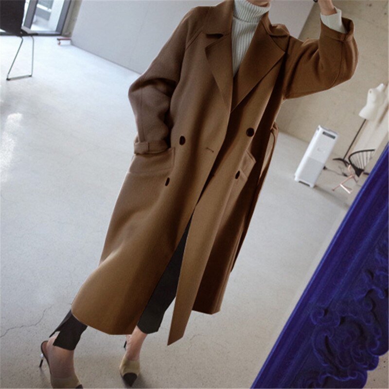 Women Wool Overcoat Long Trench Coat With Belt