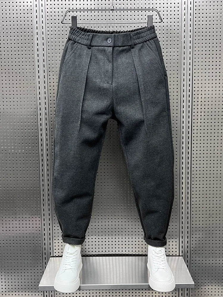 Men's Wool Pleated Tapered Trousers with Elastic Waist