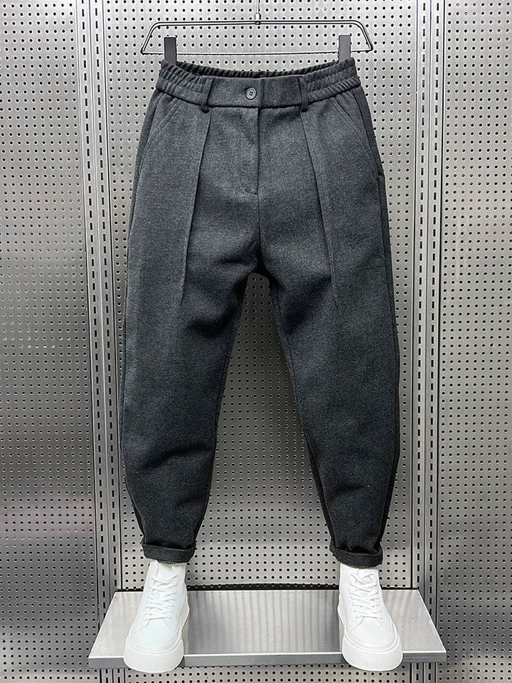 Men's Wool Pleated Tapered Trousers with Elastic Waist