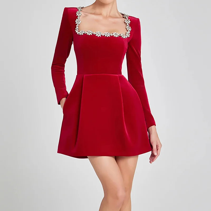 Women's Embellished Square Neck Long Sleeve Velvet Mini Dress