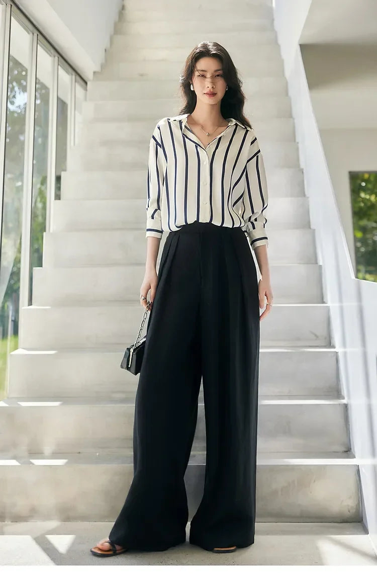 Women's Striped Long Sleeve Linen Shirt Button Up Blouse Tops