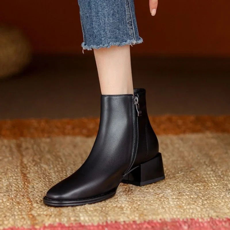Women's Leather Block Heel Almond Toe Dress Ankle Boots