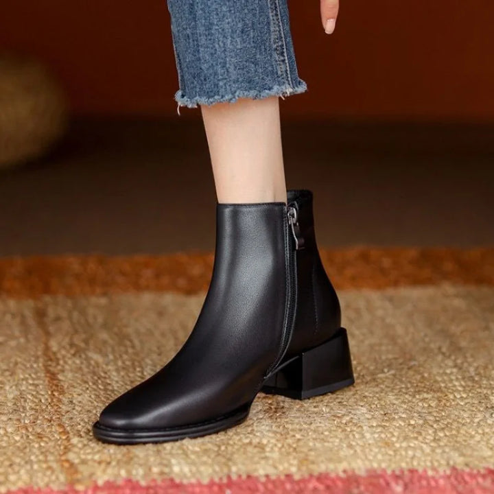 Women's Leather Block Heel Almond Toe Dress Ankle Boots