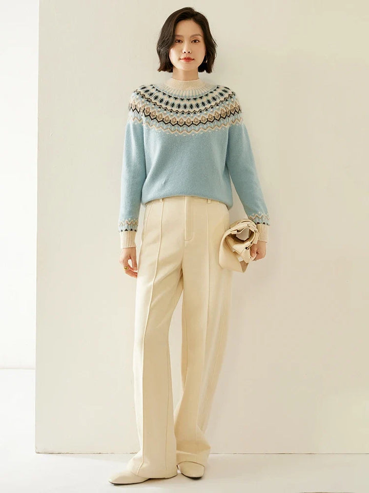 Women's Wool Knit Sweater Pullover Crewneck Fair Isle Knitwear