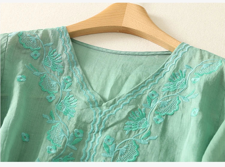 Women's Linen Embroidered Blouse V-Neck Casual Short Sleeve Top