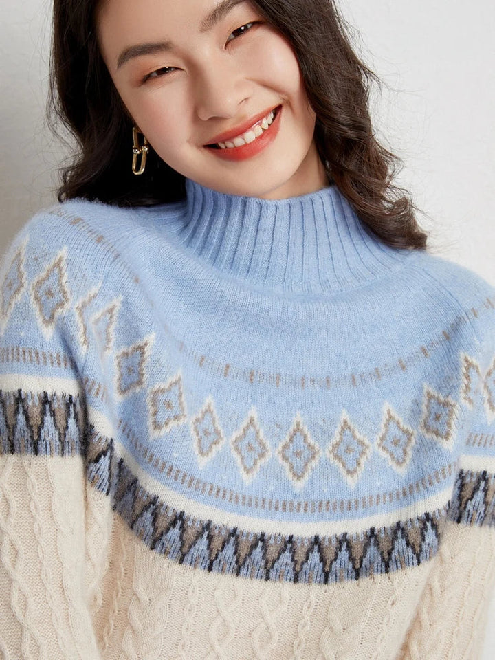 Women's Wool Knit Mock Neck Fair Isle Sweater