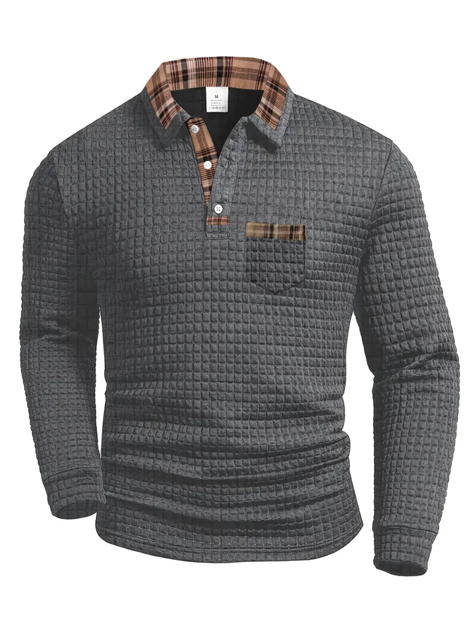 Polo à carreaux à manches longues pour homme, en maille mélangée