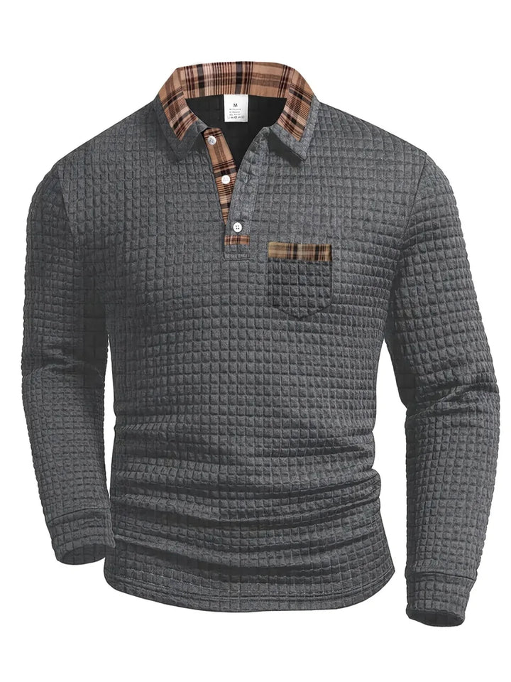 Polo à carreaux à manches longues pour homme, en maille mélangée