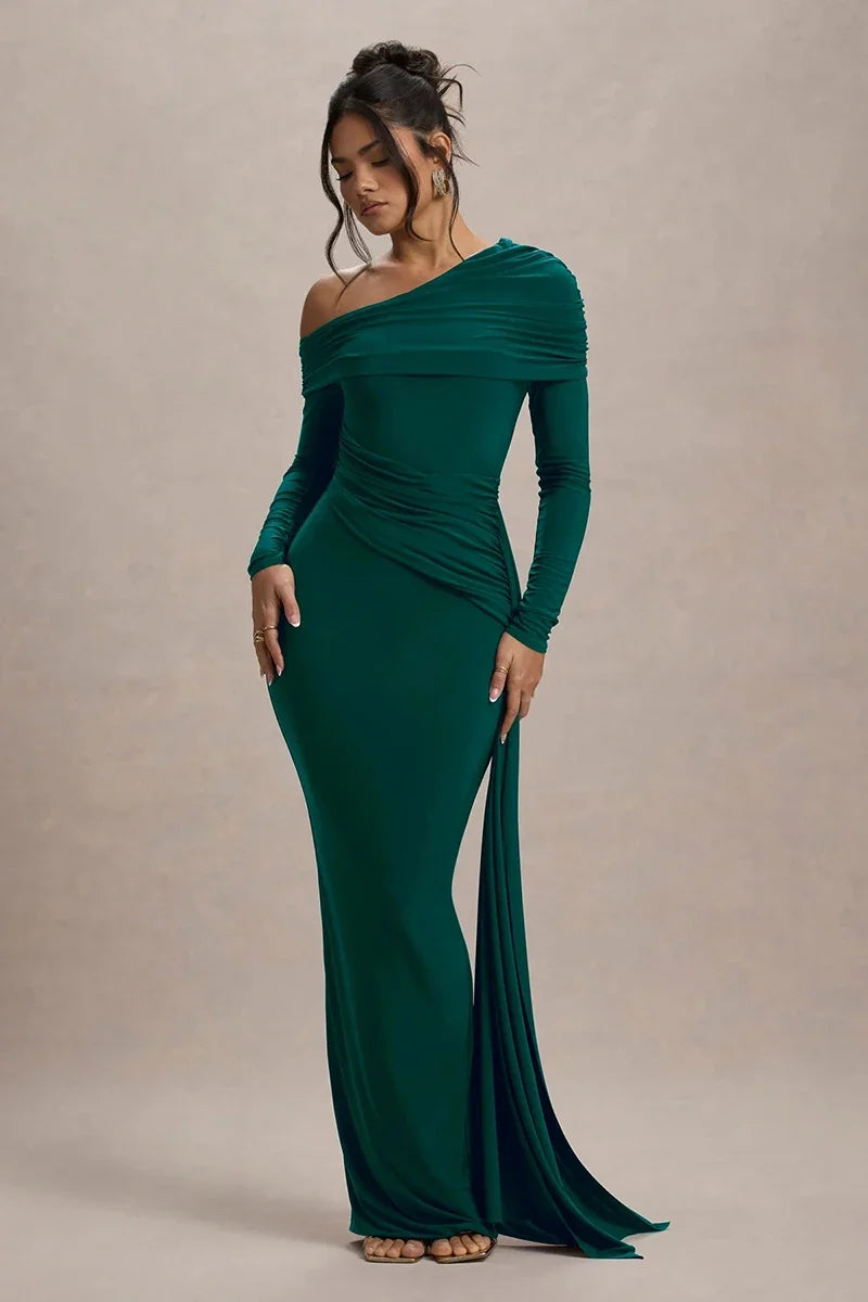 Women Knit Blend Off Shoulder Ruched Asymmetric Evening Maxi Dress