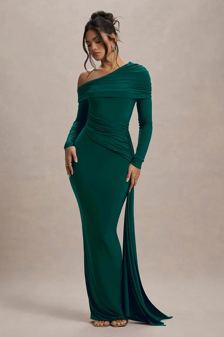 Women Knit Blend Off Shoulder Ruched Asymmetric Evening Maxi Dress