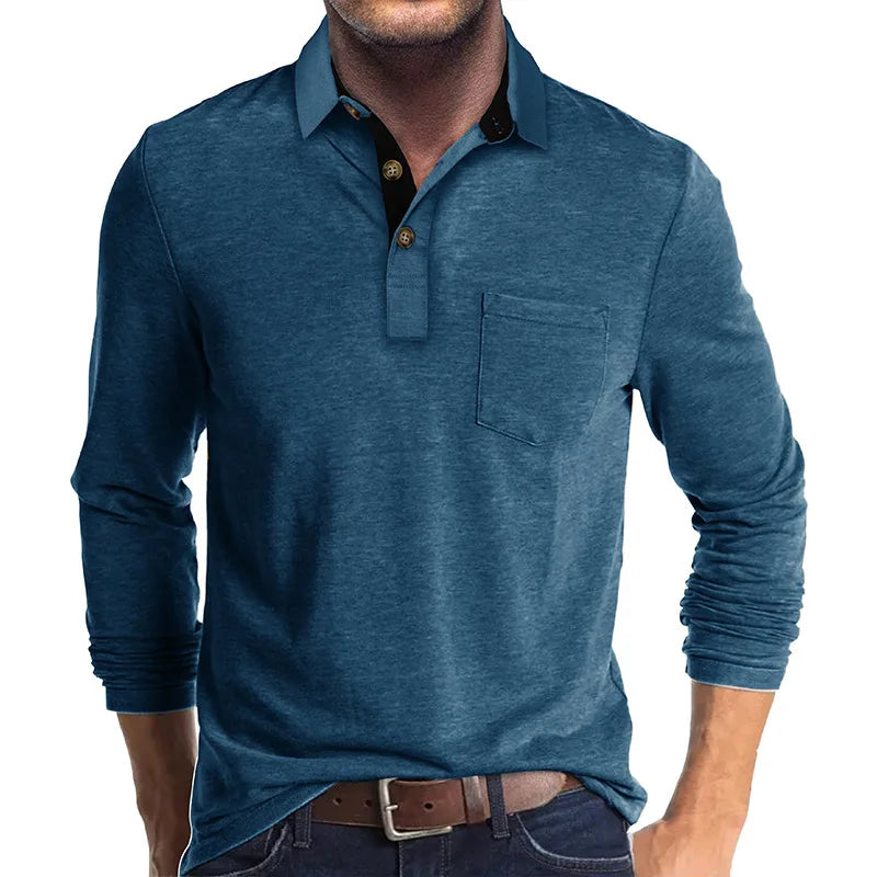 Men's Knit Long Sleeve Polo Shirt Pullover Top