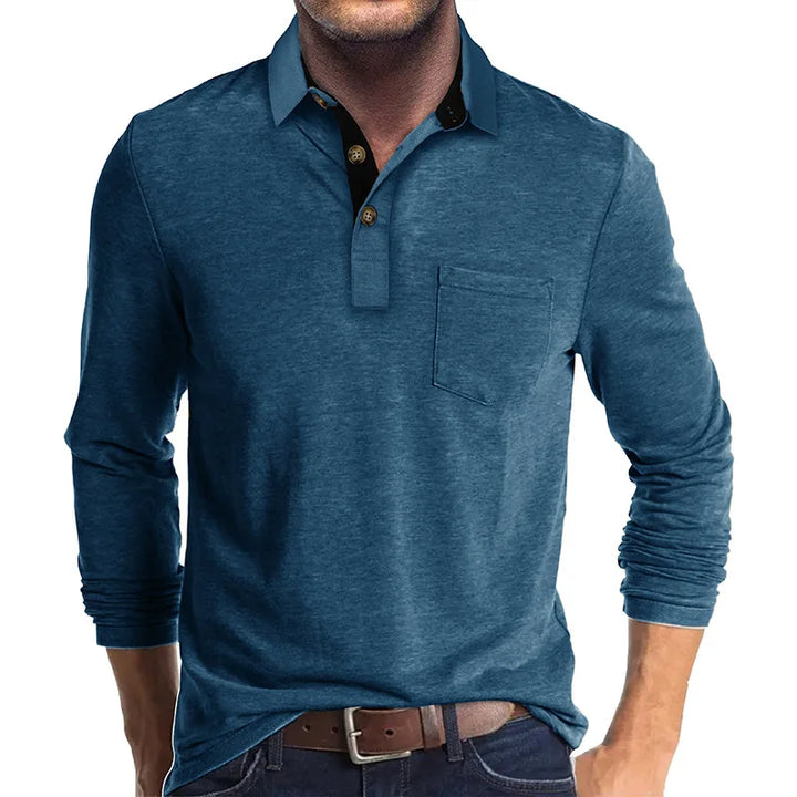 Men's Knit Long Sleeve Polo Shirt Pullover Top