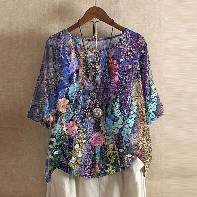 Women's Boho Floral Round Neck 3/4 Sleeve Tunic Blouse Tops