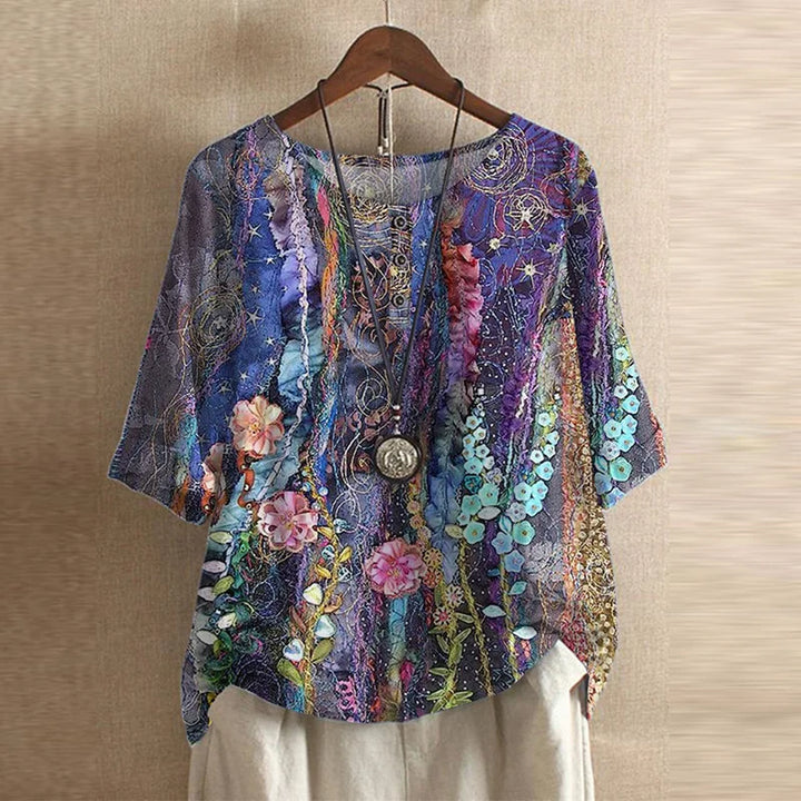 Women's Boho Floral Round Neck 3/4 Sleeve Tunic Blouse Tops