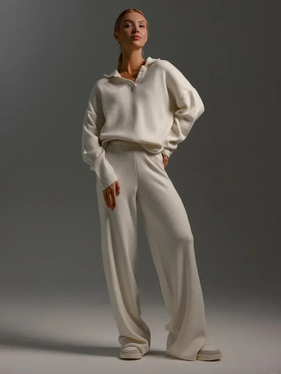 Women's Knit Collar Sweatshirt & Wide Leg Pants Two Piece Set