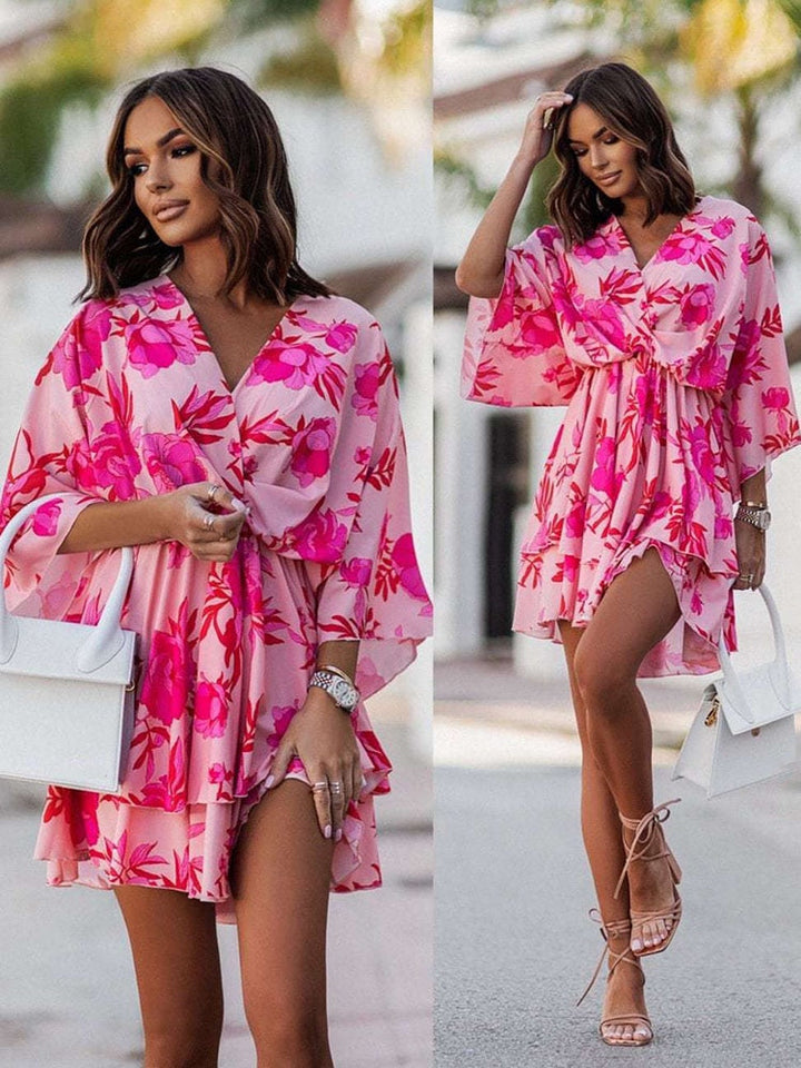 Women's Floral Chiffon Mini Dress V-Neck Ruffle Sun Dress