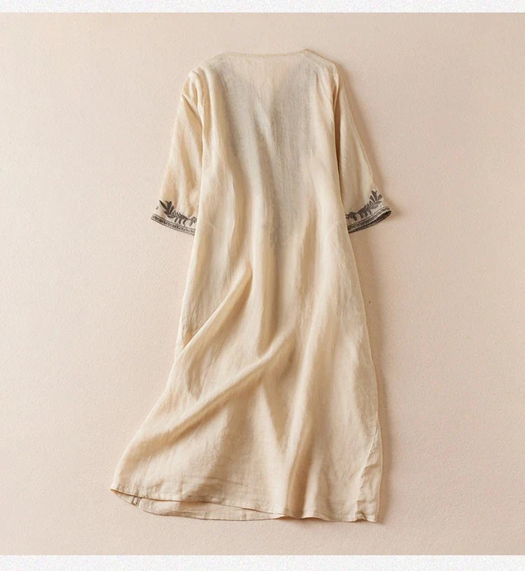 Robe midi imprimée en lin à col en V pour femme