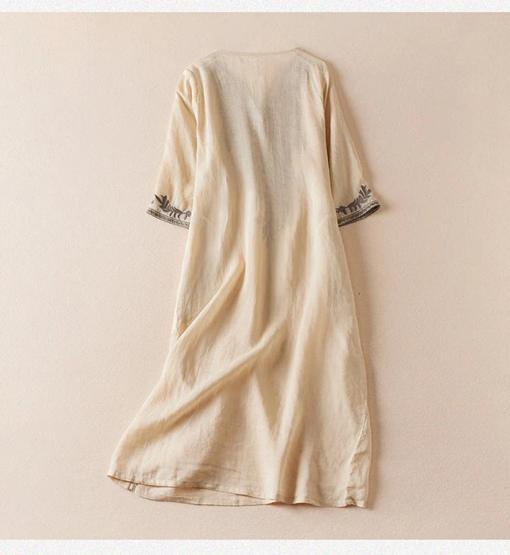 Robe midi imprimée en lin à col en V pour femme