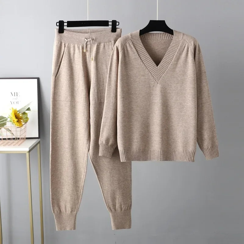 Women's Wool-Knit V-Neck Two Piece Loungewear Set