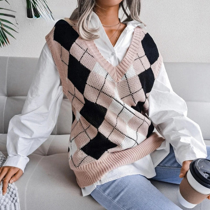 Women's Houndstooth Knit Sweater Vest V-Neck Sleeveless Pullover