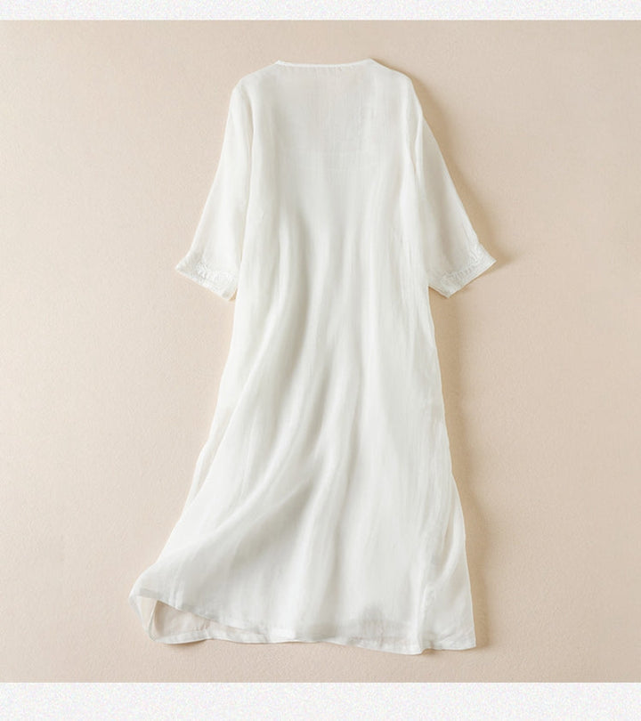 Robe midi imprimée en lin à col en V pour femme