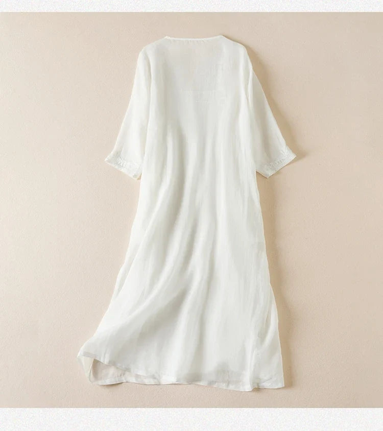 Robe midi imprimée en lin à col en V pour femme