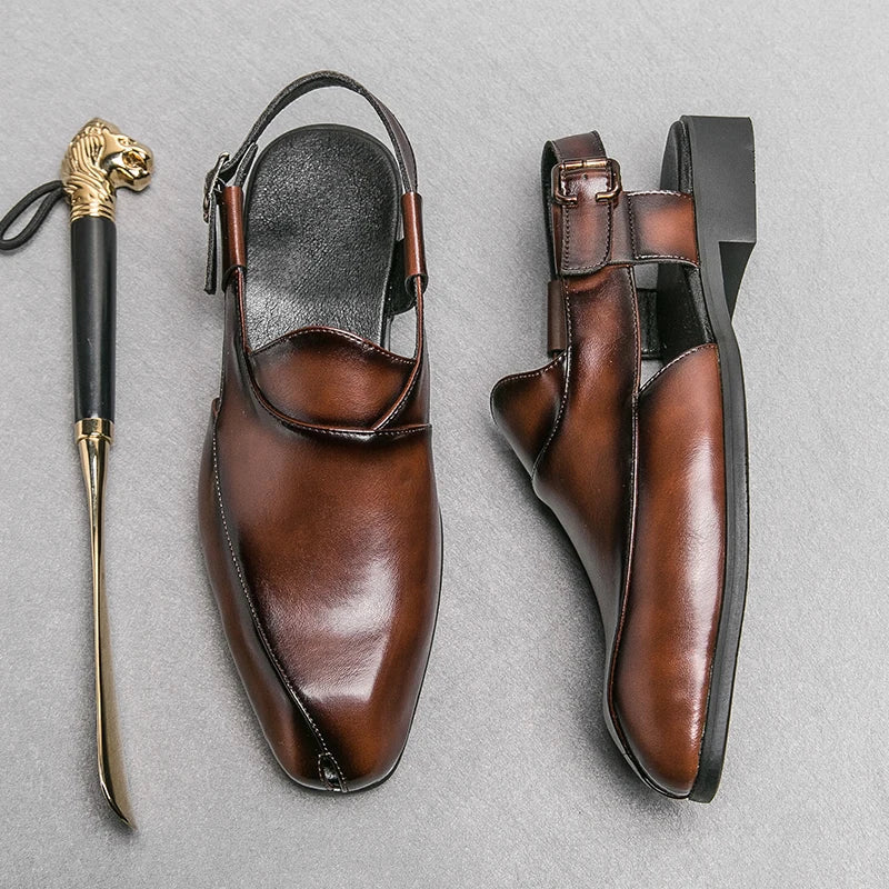Męskie skórzane półbuty wizytowe typu slingback, wygodne mokasyny, sandały